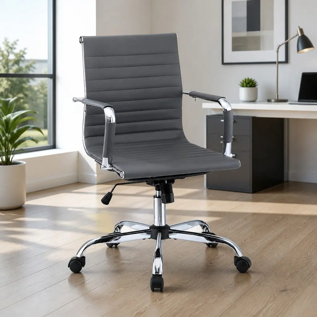 Mid Back Rotatable Office Chair for Home and Office Height Adjustable Grey PU Leather with Tilt Function and Chrome Base