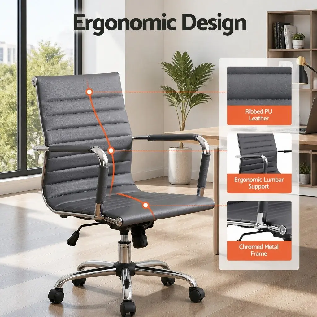 Mid Back Rotatable Office Chair for Home and Office Height Adjustable Grey PU Leather with Tilt Function and Chrome Base