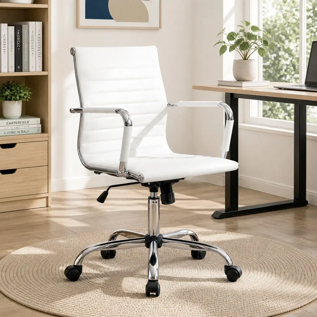 Office Chair Mid Back Comfort White Leather Swivel