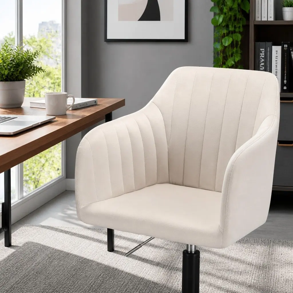 Mid Back Office Chair Adjustable Height Cream Velvet Seat with Swivel Function