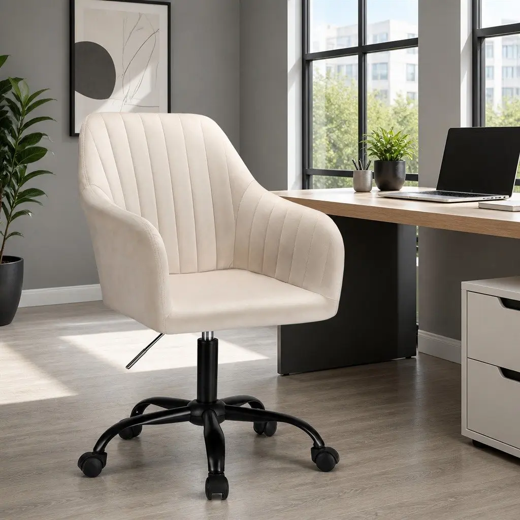 Mid Back Office Chair Adjustable Height Cream Velvet Seat with Swivel Function