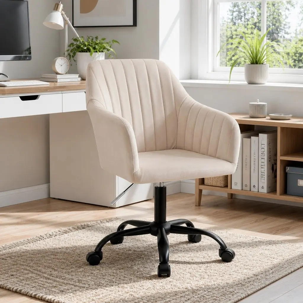 Mid Back Office Chair Adjustable Height Cream Velvet Seat with Swivel Function
