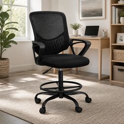 Black Drafting Stool with Adjustable Height and Mesh Seat
