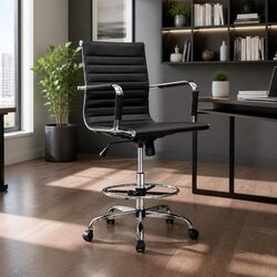 Adjustable Height Black PU Leather Drafting Chair
