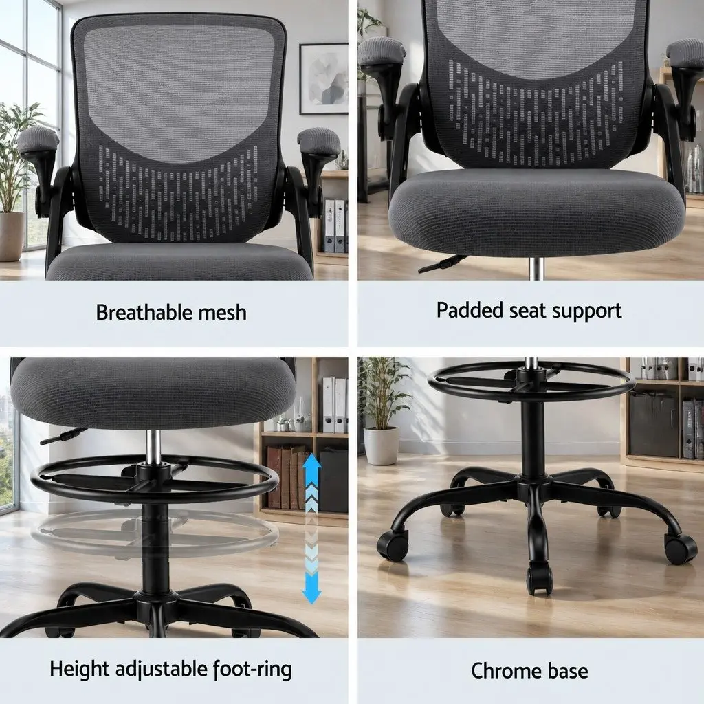 Office Drafting Chair Mesh Adjustable Height Grey