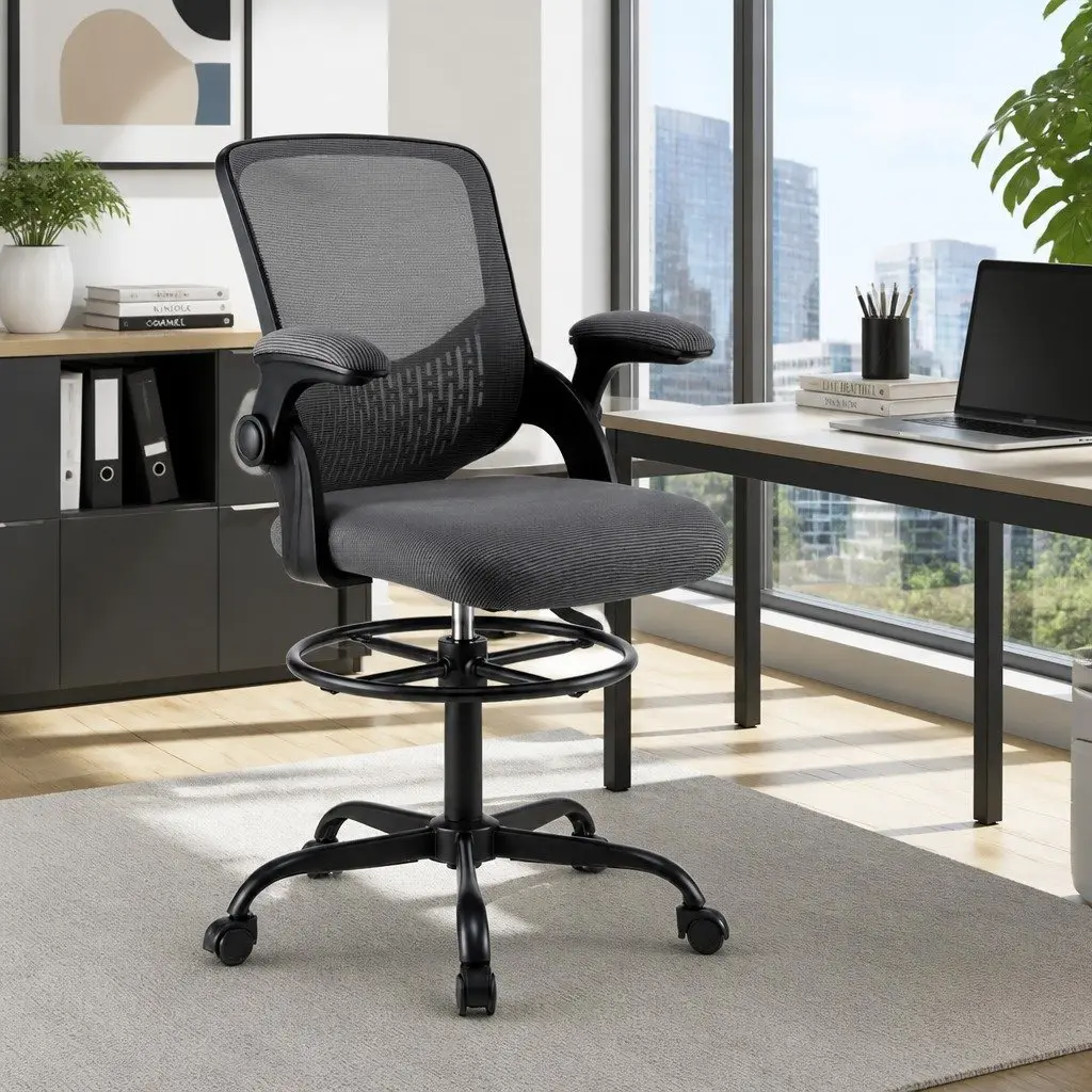 Office Drafting Chair Mesh Adjustable Height Grey
