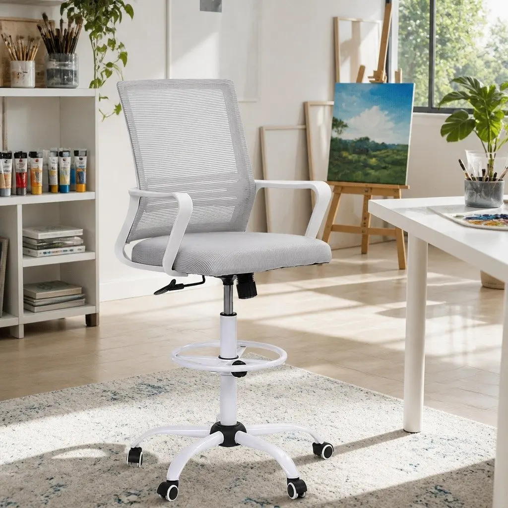 Height Adjustable Drafting Stool White Mesh Office Chair with Ergonomic Support and Chrome Base