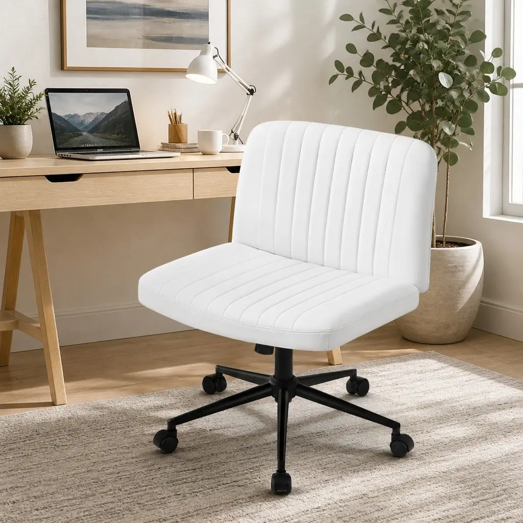 Office Chair Armless Swivel Adjustable Height White U-shaped Seat with Wheels