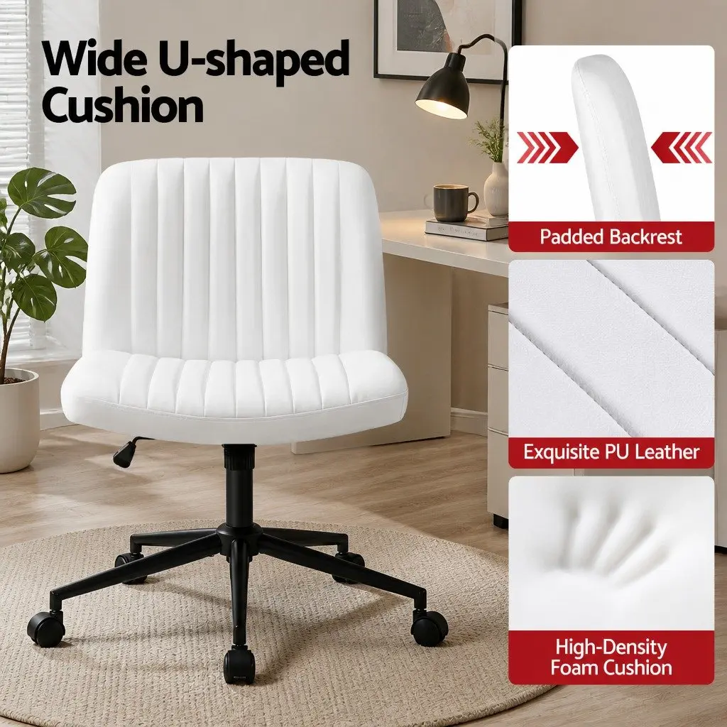 Office Chair Armless Swivel Adjustable Height White U-shaped Seat with Wheels