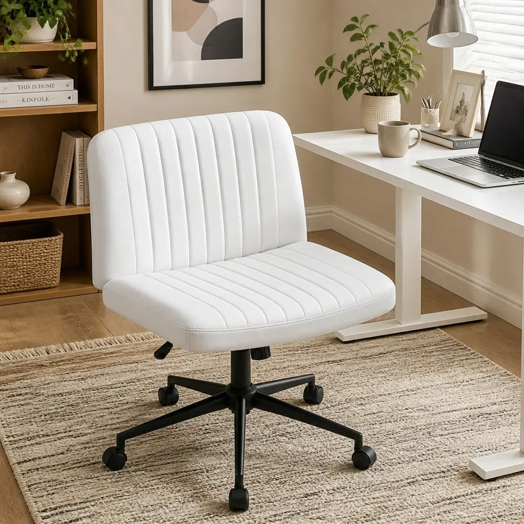 Office Chair Armless Swivel Adjustable Height White U-shaped Seat with Wheels