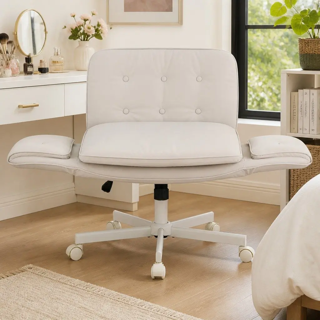 Office Chair Swivel Adjustable Armrests Cream U-Shaped Seat Height Adjustable 72cm to 90cm 360 Degree Rolling