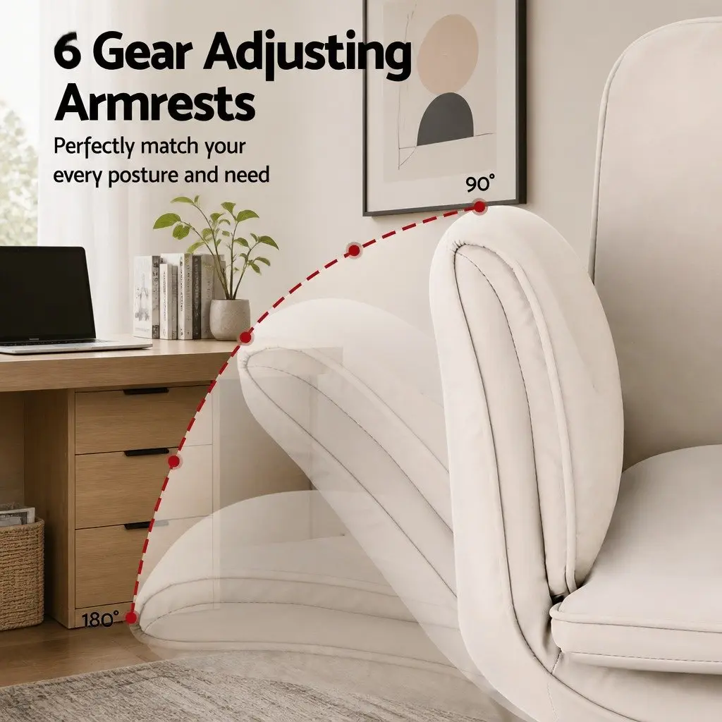 Office Chair Swivel Adjustable Armrests Cream U-Shaped Seat Height Adjustable 72cm to 90cm 360 Degree Rolling