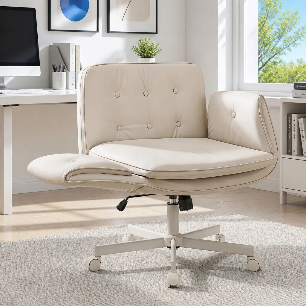 Office Chair Swivel Adjustable Armrests Cream U-Shaped Seat Height Adjustable 72cm to 90cm 360 Degree Rolling