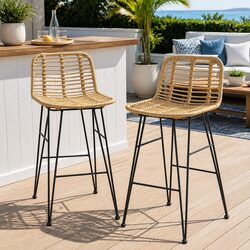Set of 2 Outdoor Bar Stools with Wicker and Steel Frame