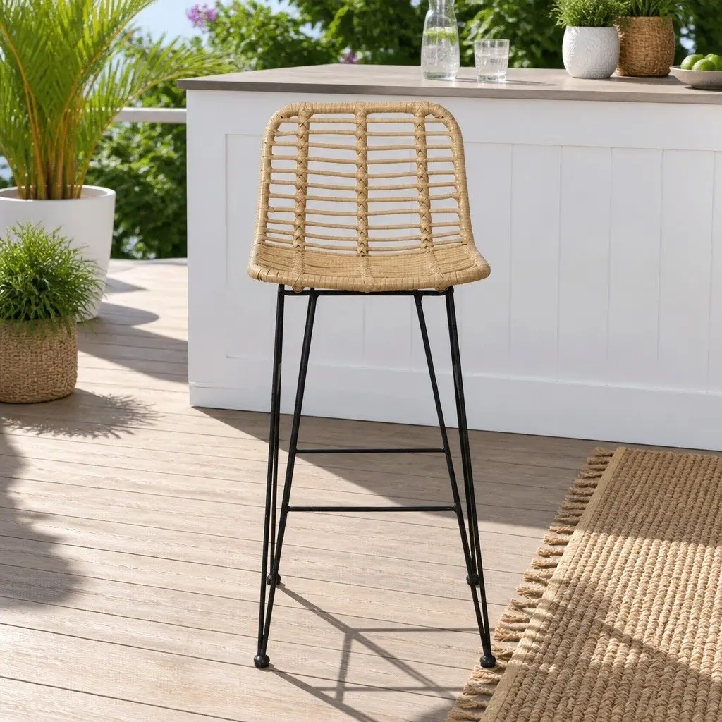Outdoor Bar Stools Rattan Wicker Hand-woven Backrest Footrest Patio Set of 2