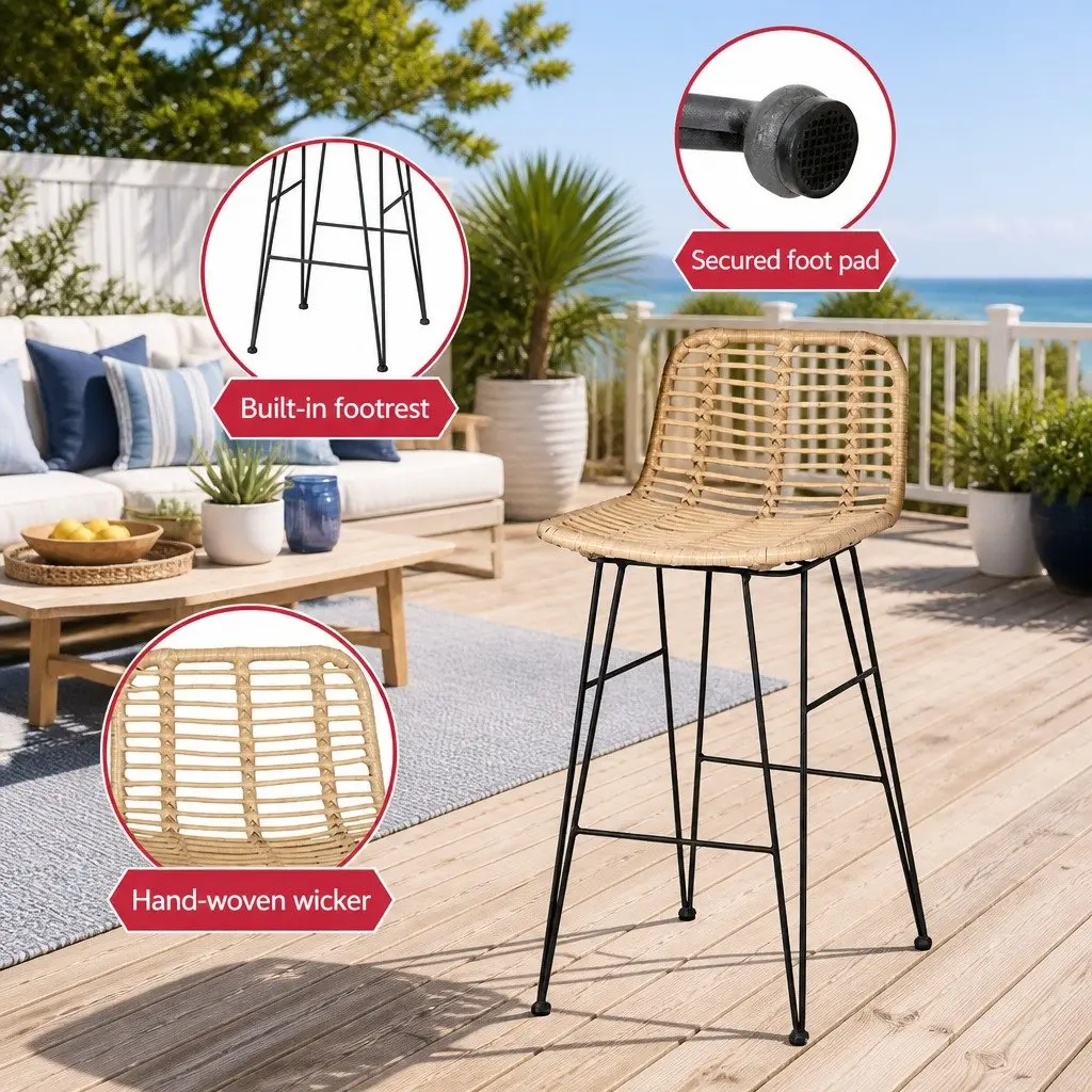Outdoor Bar Stools Rattan Wicker Hand-woven Backrest Footrest Patio Set of 2