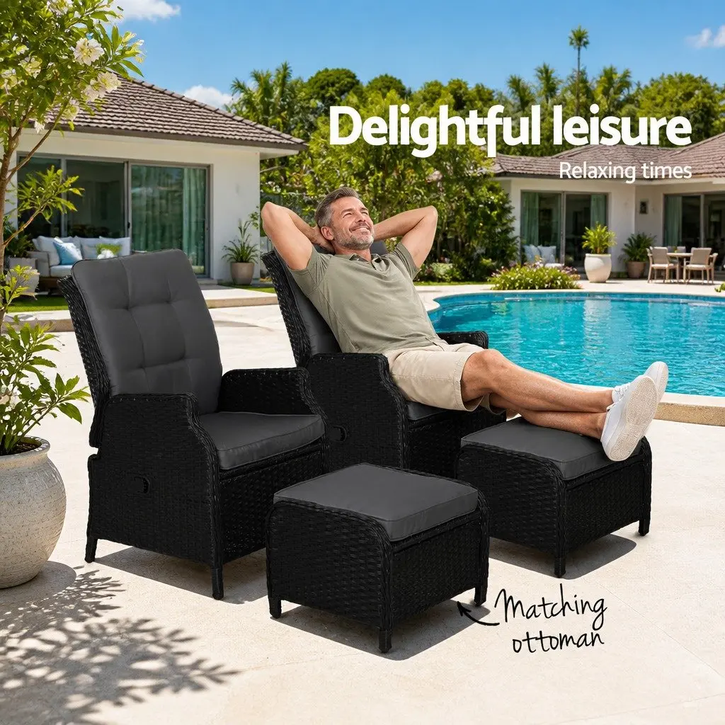 Recliner Chair Adjustable Outdoor Lounger 2 Piece Set Black