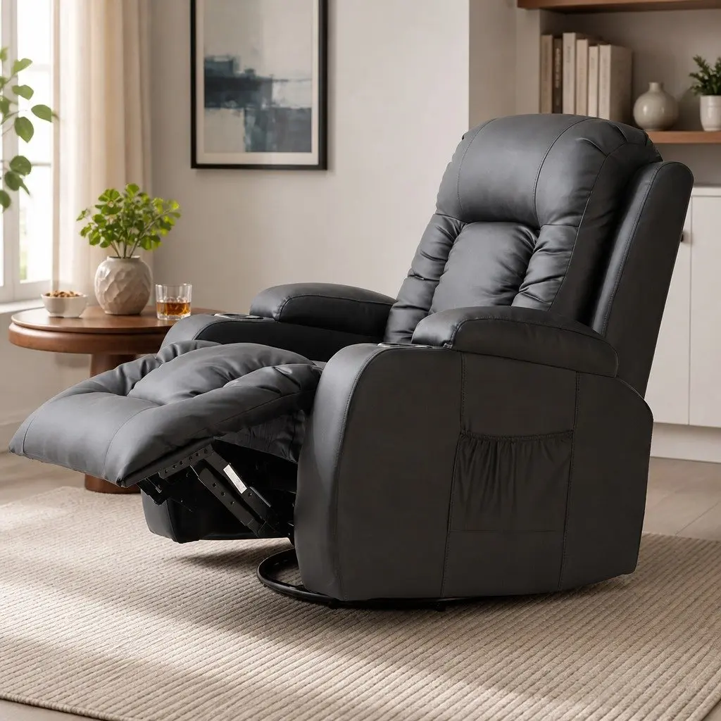 Massage Recliner Chair Heated Lumbar Support 360 Swivel Black