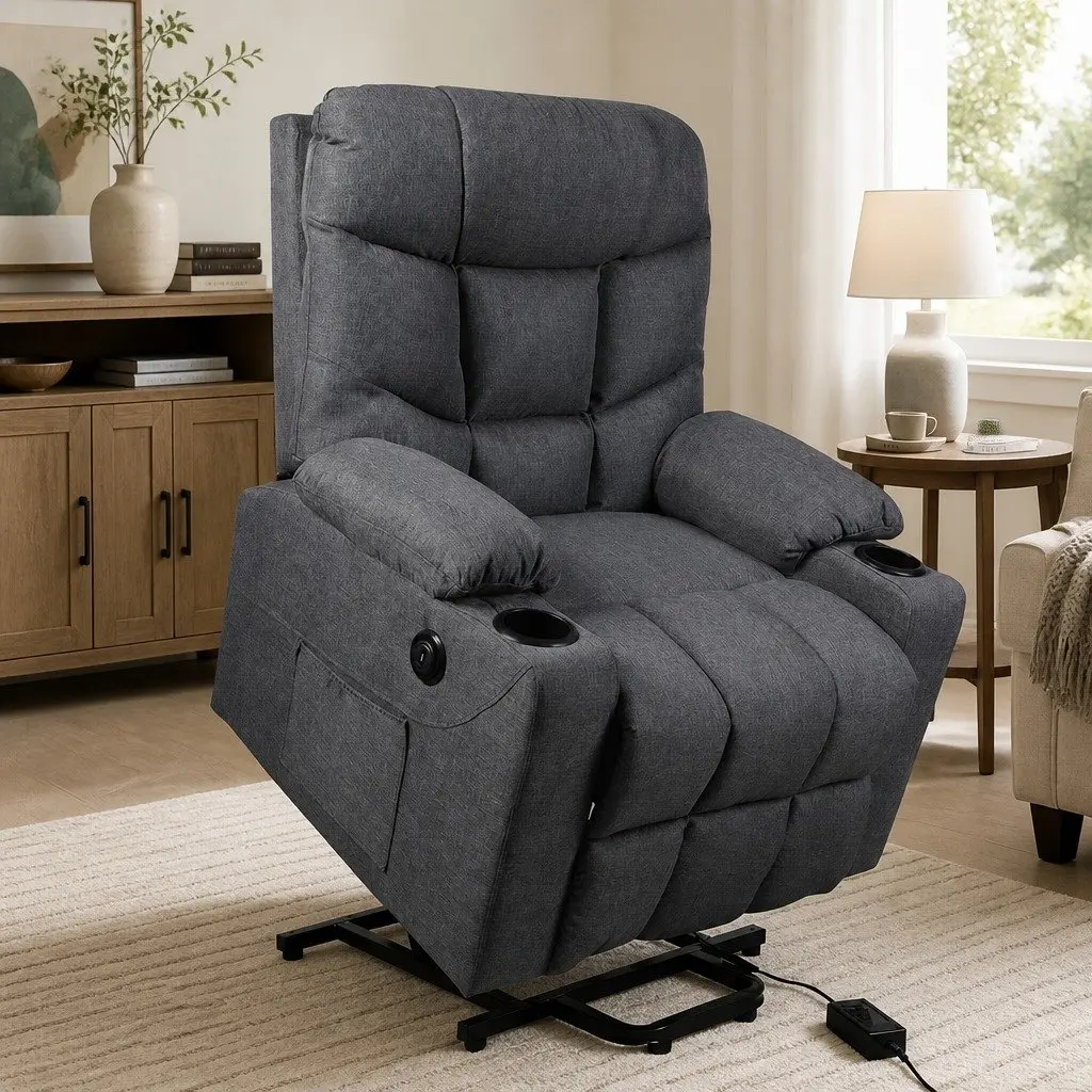 Electric Lift Recliner Chair Grey Microfibre Elderly Assistance Adjustable