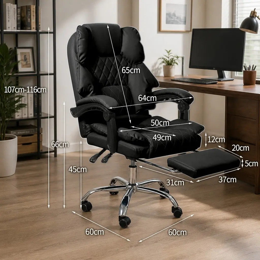 Gaming Office Chair Ergonomic Reclining Footrest Adjustable Height Black