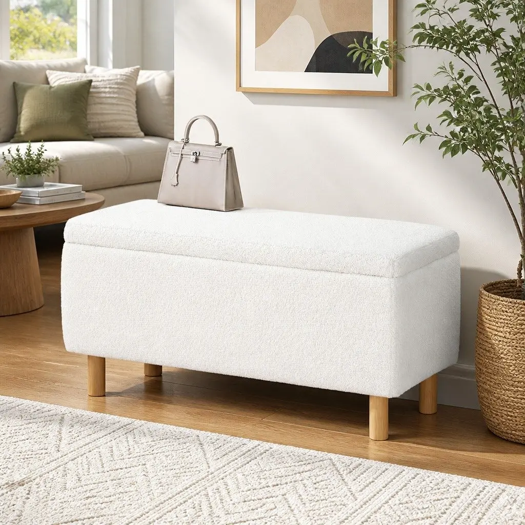 99cm White Storage Ottoman with Boucle Upholstery