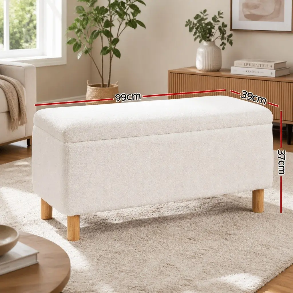 99cm White Storage Ottoman with Boucle Upholstery
