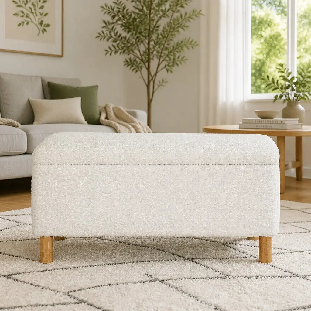99cm White Storage Ottoman with Boucle Upholstery