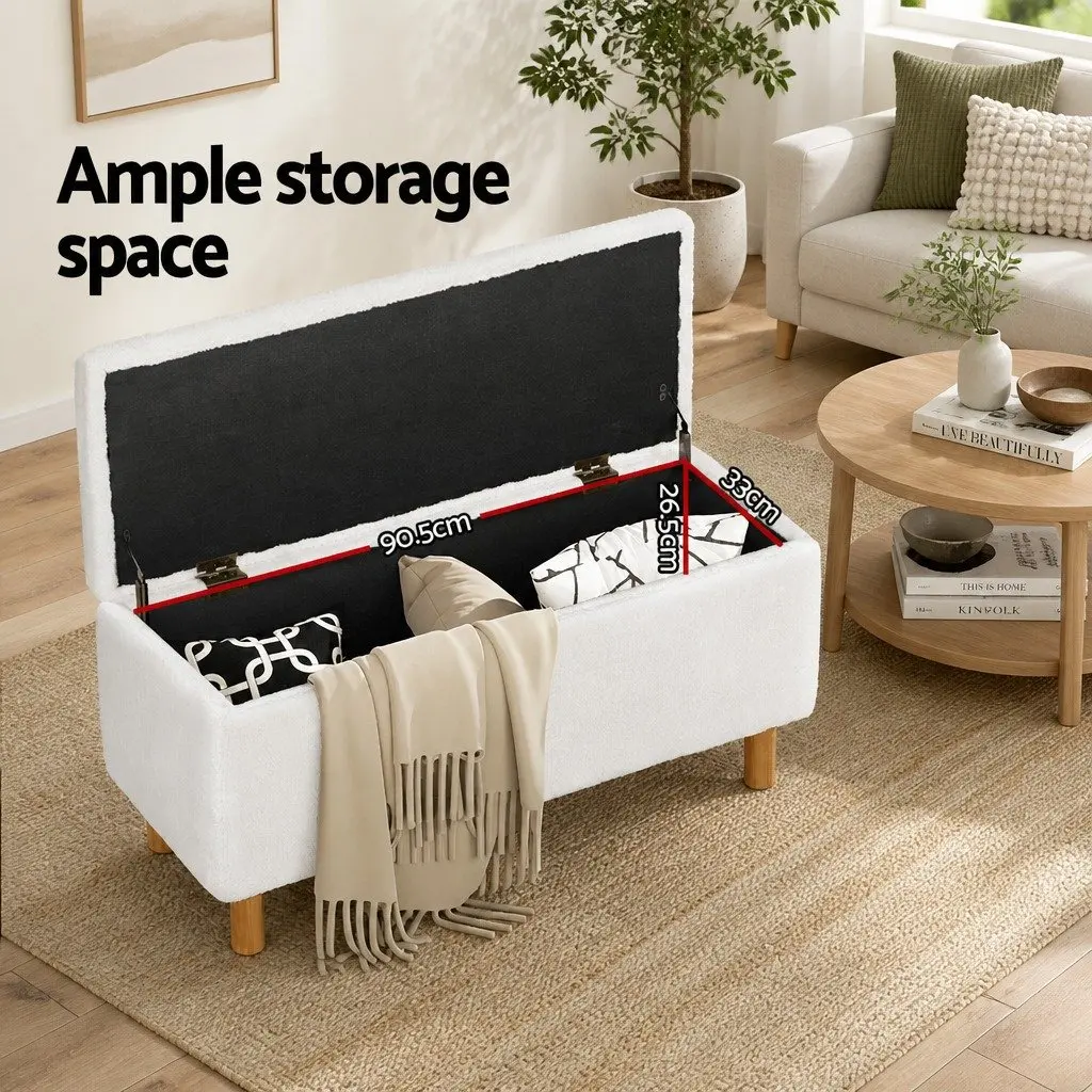 99cm White Storage Ottoman with Boucle Upholstery