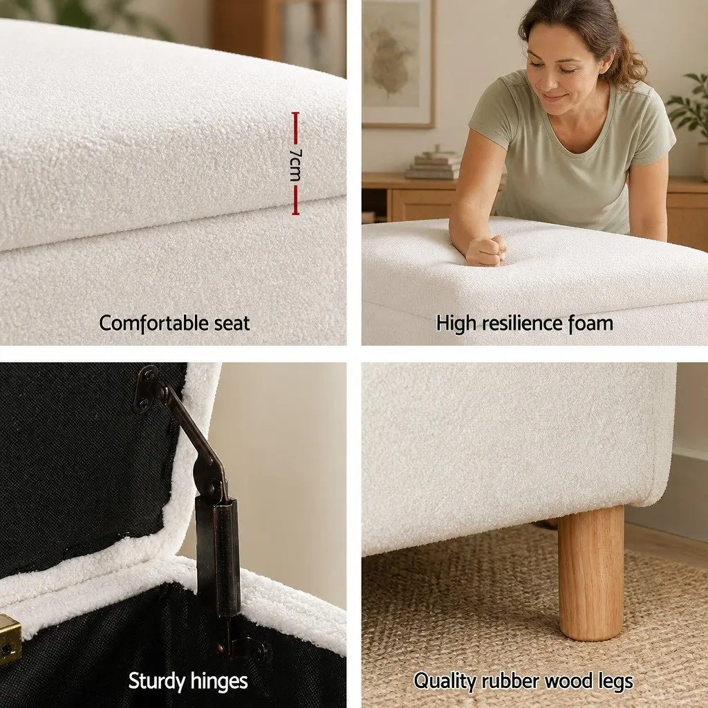 99cm White Storage Ottoman with Boucle Upholstery