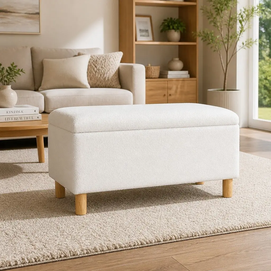 99cm White Storage Ottoman with Boucle Upholstery