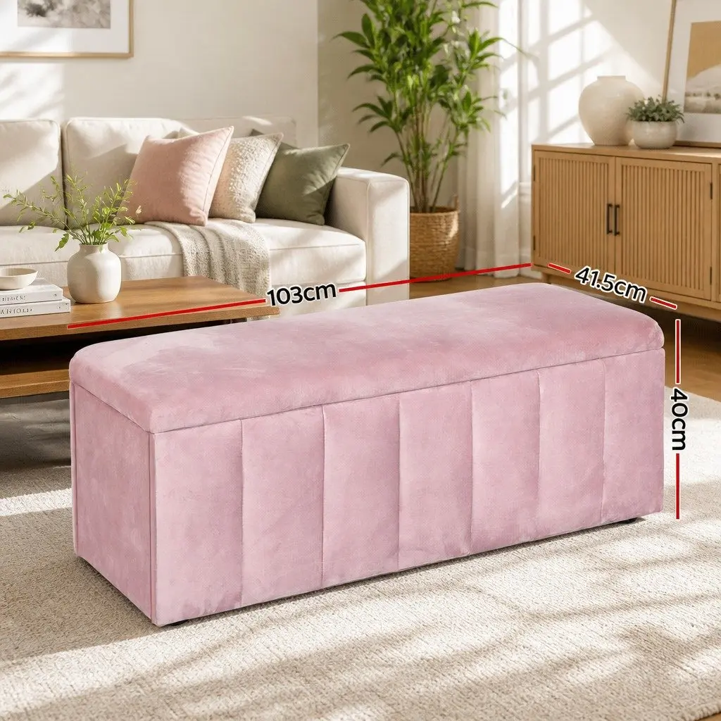 Ottoman Storage Bench Lift Top 103cm Pink Velvet Foam Seat Furniture