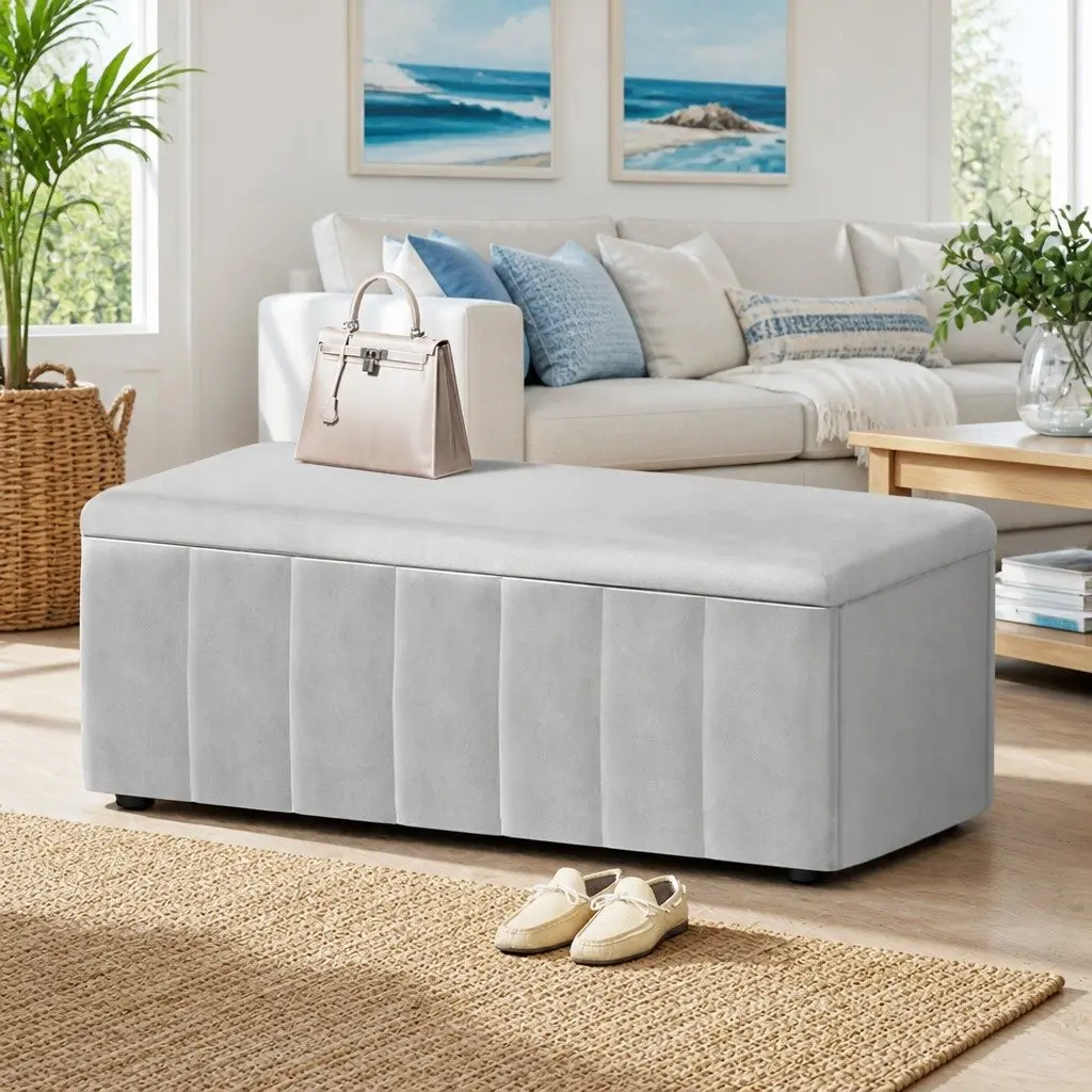 Grey Velvet Ottoman Storage Box 103cm Living Room Furniture Footrest with Hidden Compartment for Blankets and Pillows