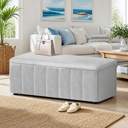 Grey Velvet Storage Ottoman with Internal Compartment 103cm