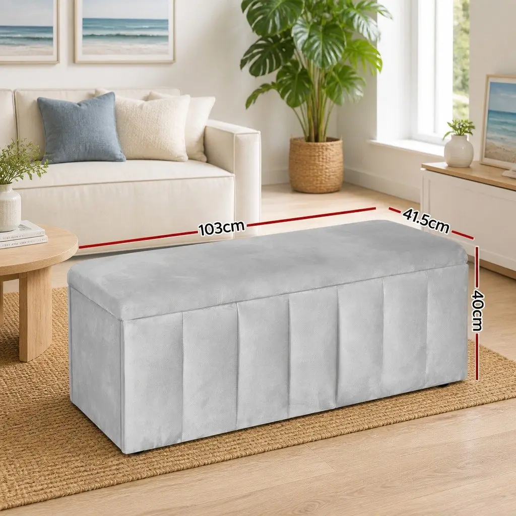 Grey Velvet Ottoman Storage Box 103cm Living Room Furniture Footrest with Hidden Compartment for Blankets and Pillows