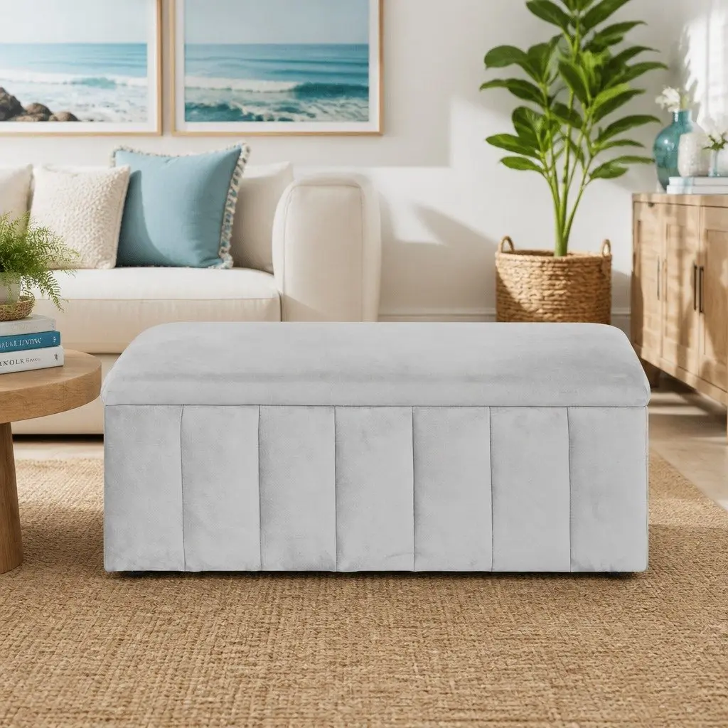 Grey Velvet Ottoman Storage Box 103cm Living Room Furniture Footrest with Hidden Compartment for Blankets and Pillows