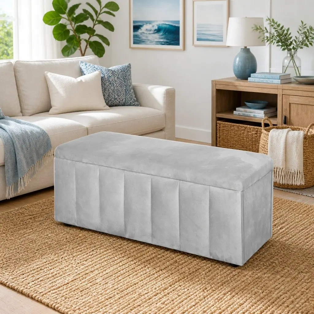 Grey Velvet Ottoman Storage Box 103cm Living Room Furniture Footrest with Hidden Compartment for Blankets and Pillows