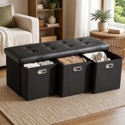 Black Storage Ottoman Footstool with 3 Drawer Cubes