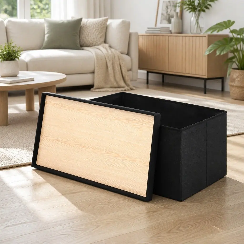 Storage Ottoman Footstool Folding Blanket Box Toy Organiser Black