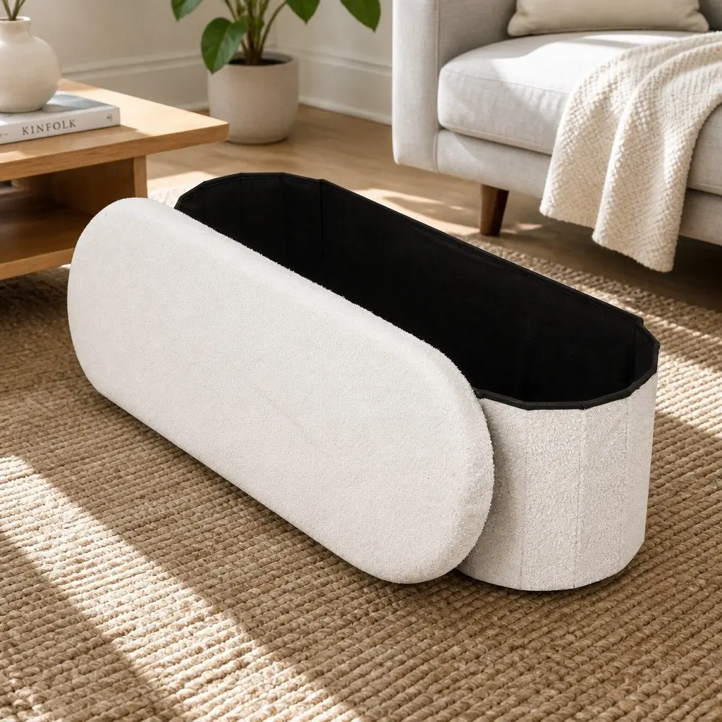 Storage Ottoman Foot Stool Foldable Boucle Fabric White Living Room Bedroom