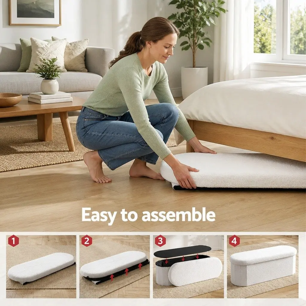 Storage Ottoman Foot Stool Foldable Boucle Fabric White Living Room Bedroom