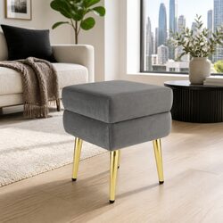 Hinged Lid Grey Velvet Storage Ottoman with Metal Legs