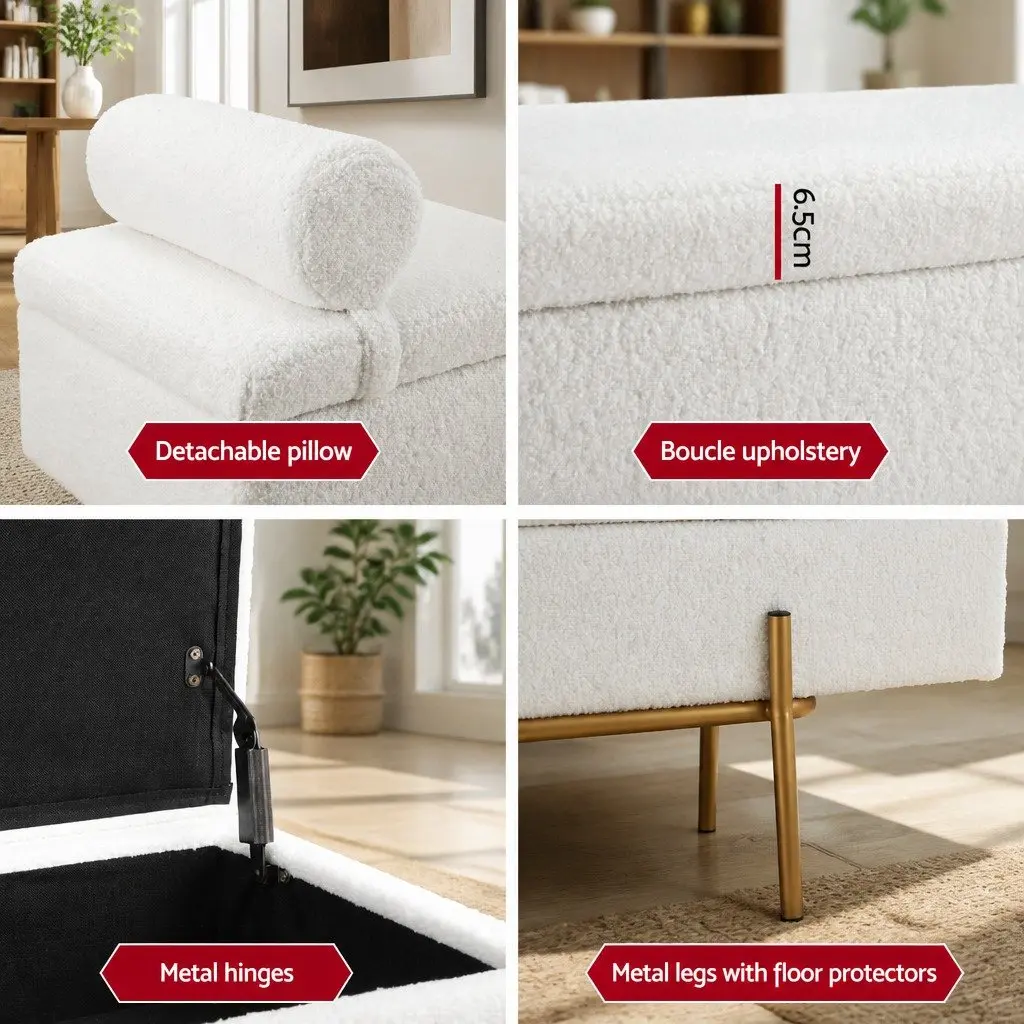 Storage Ottoman with Detachable Pillow 140cm White Boucle Fabric Hidden Compartment