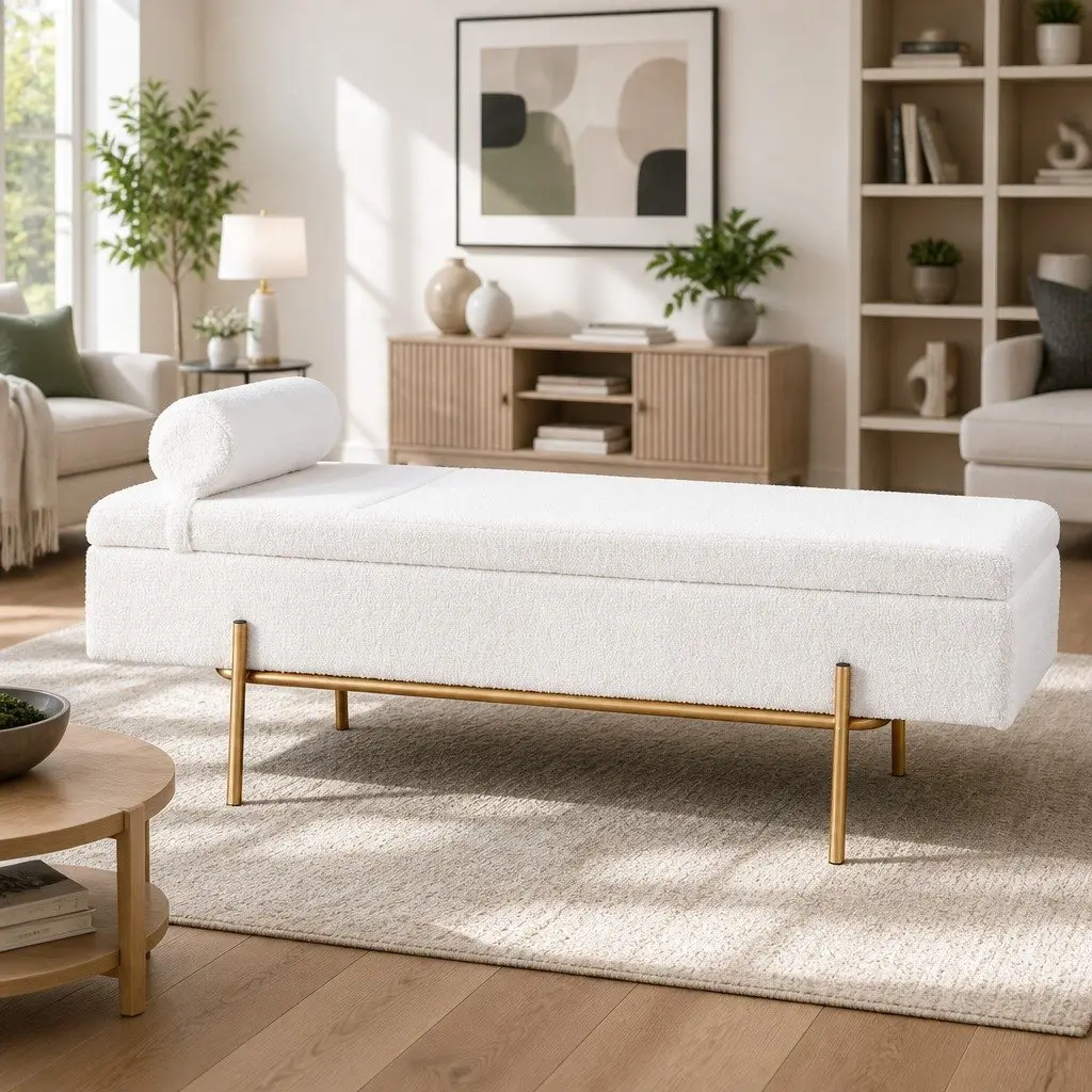 Storage Ottoman with Detachable Pillow 140cm White Boucle Fabric Hidden Compartment
