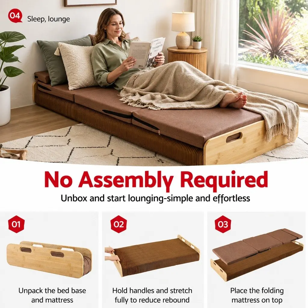 Folding Bed Frame Multifunctional Comfort Single Brown