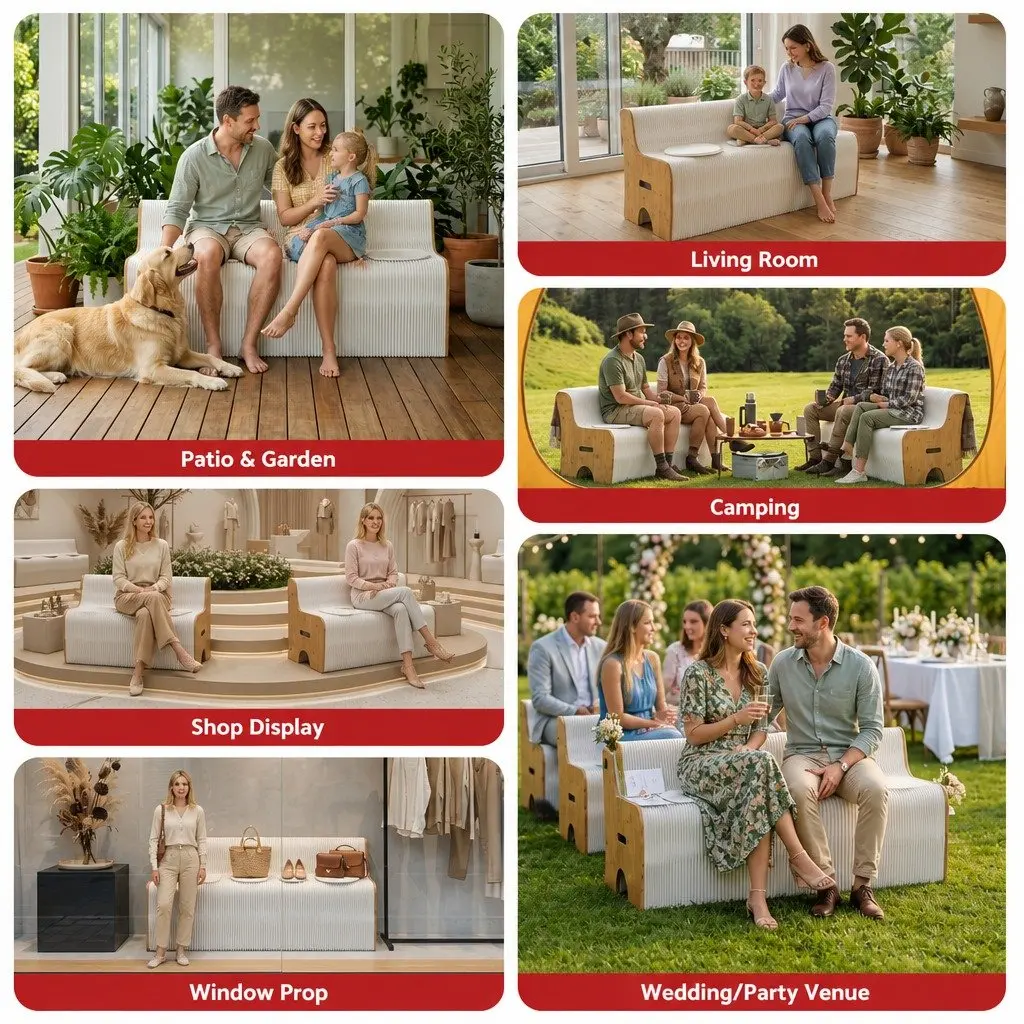 Folding Paper Sofa 3 Seater Collapsible Couch with PU Cushions White Pine