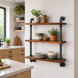 3-Tier Industrial Pipe Shelf with Pine Wood and Metal