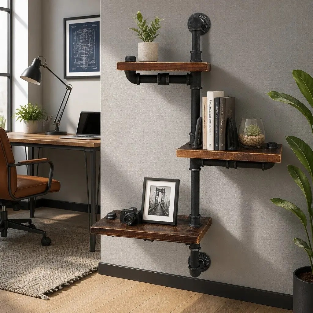 Industrial Pipe Shelf 3 Tier Adjustable Floating Wall Mount Rustic Timber Metal Brown