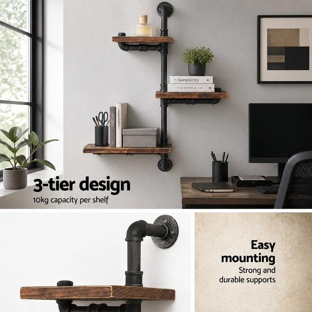 Industrial Pipe Shelf 3 Tier Adjustable Floating Wall Mount Rustic Timber Metal Brown