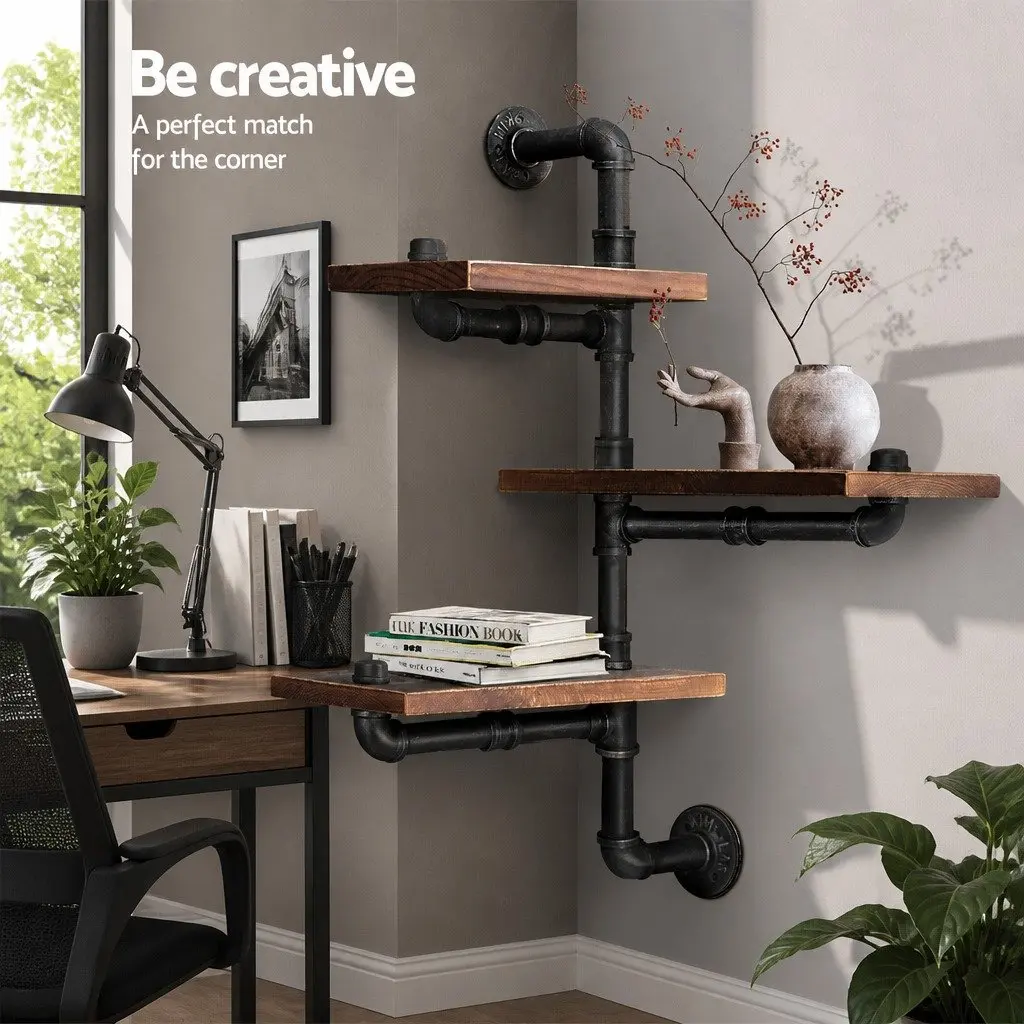 Industrial Pipe Shelf 3 Tier Adjustable Floating Wall Mount Rustic Timber Metal Brown