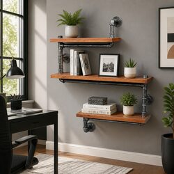 3 Tier Industrial Pipe Shelf with Solid Timber Construction